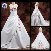 Wholesale 2014 New Satin 100% Elegant Sexy Bateau A-line With Red Embroidered Flowers Sweep Train Bridal Wedding Gown designer b